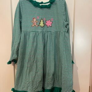 Green Striped Kids Dress with Festive Appliqué
